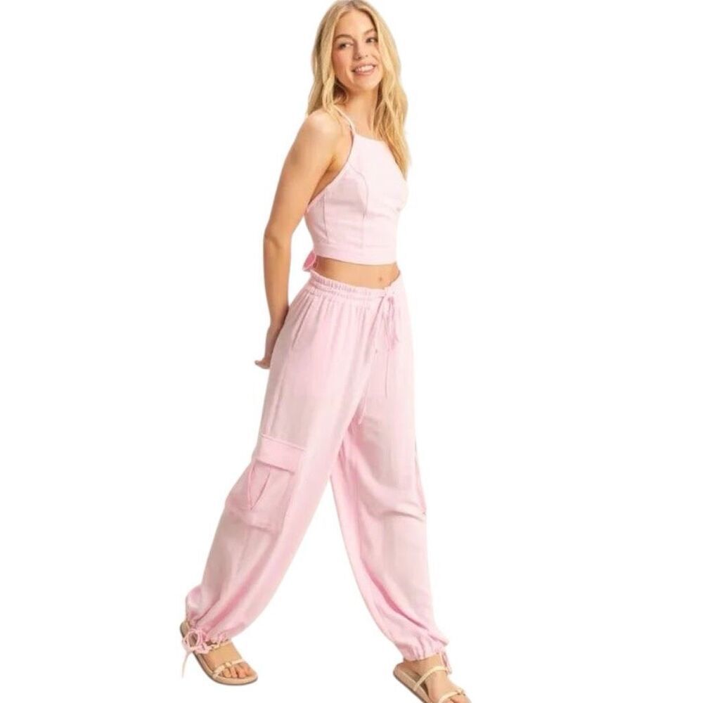 Light Pink Halter Crop Top & Cargo Joggers Set | HYFVE NWT - Picture 2 of 9